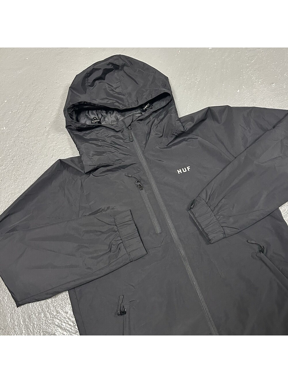 HUF Logo Standard Shell 2 Jacket Windbreaker Black Streetwear Size Large